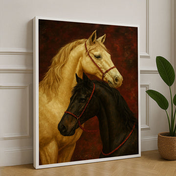 Elegant Duo Of Horses On Rich Red Canvas Wall Art