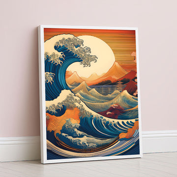 Dramatic Ocean Waves With Sunset Mountains Canvas Wall Art