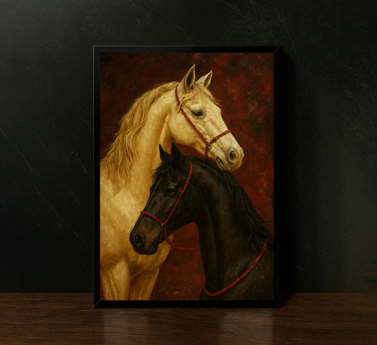 Elegant Duo Of Horses On Rich Red Canvas Wall Art