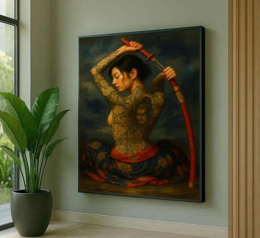 Enchanting Tattooed Samurai Woman With Katana Canvas Wall Art
