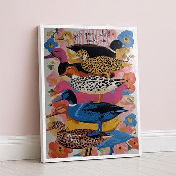 Vibrant Multicolored Ducks With Floral Background Canvas Wall Art