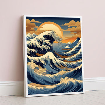 Japanese Wave Art With Golden Sunset Canvas Wall Art