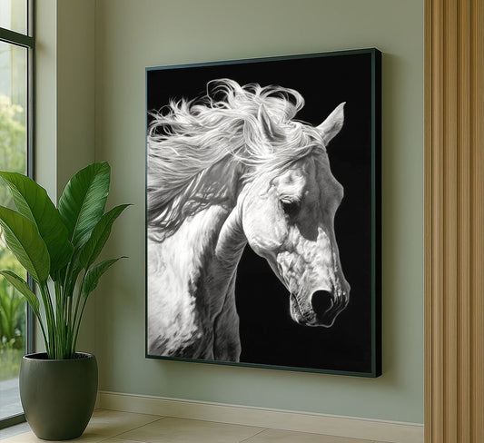 Majestic White Horse With Flowing Mane Canvas Wall Art