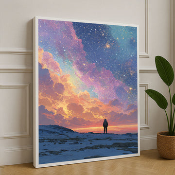 Dreamy Cosmic Sunset With Lone Traveler Canvas Wall Art