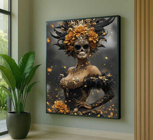 Enchanting Skeleton Woman In Ornate Attire Canvas Wall Art