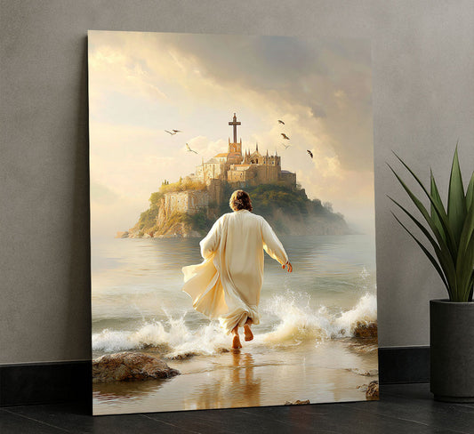 Serene Figure Walking Toward Island Castle Canvas Wall Art