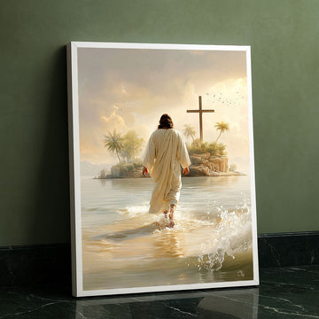 Serene Jesus Walking On Water Toward Cross Canvas Wall Art