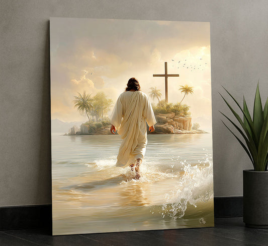 Serene Jesus Walking On Water Toward Cross Canvas Wall Art
