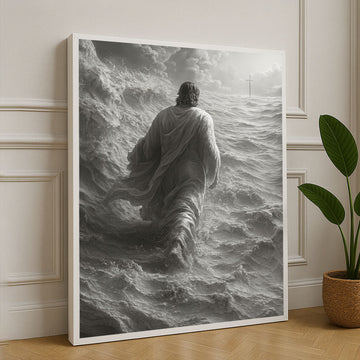 Divine Figure Walking On Waves Canvas Wall Art In Monochrome
