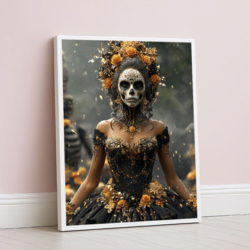 Enchanting Day Of The Dead Woman With Floral Dress Canvas Wall Art