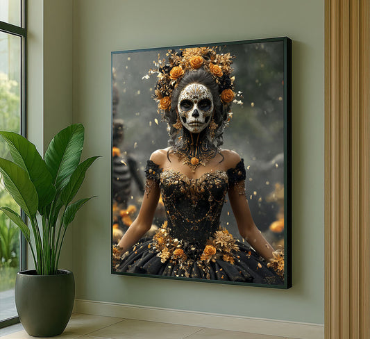 Enchanting Day Of The Dead Woman With Floral Dress Canvas Wall Art