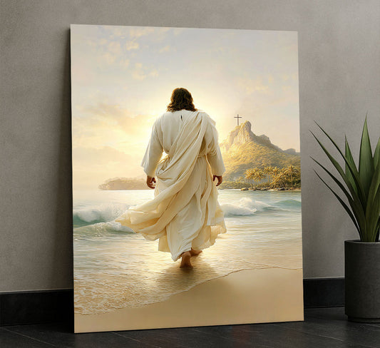 Mystical Jesus Walking On Ocean Shore Canvas Wall Art