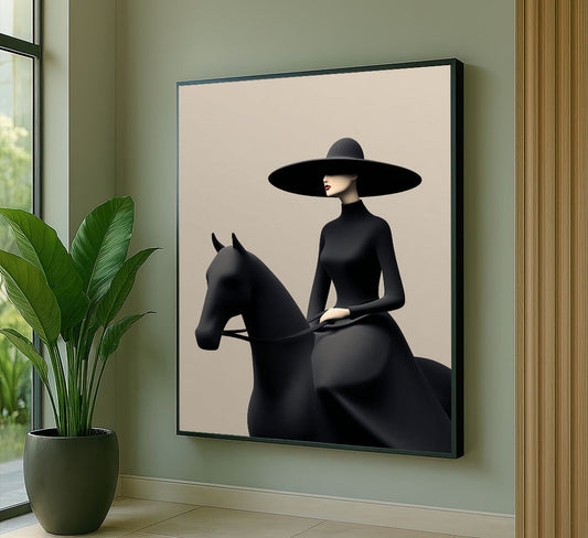 Elegant Woman In Black On Horse Canvas Wall Art