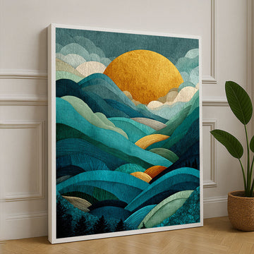 Golden Sun Over Blue Mountains Landscape Canvas Wall Art