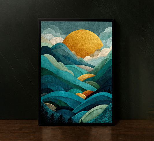 Golden Sun Over Blue Mountains Landscape Canvas Wall Art