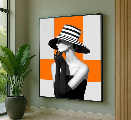 Striking Black And White Woman In Striped Hat Canvas Wall Art