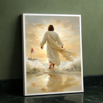 Mystical Jesus Walking On Water At Sunrise Canvas Wall Art