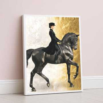 Elegant Woman Equestrian On Black Horse Canvas Wall Art