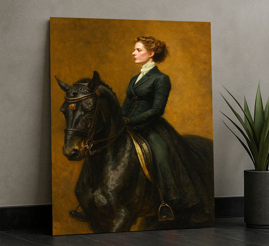 Elegant Woman On Majestic Black Horse Canvas Wall Art