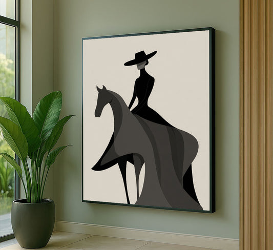 Elegant Woman On Horse In Black Silhouette Canvas Wall Art