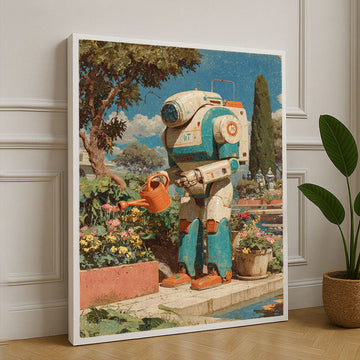 Retro Futuristic Robot In Garden Canvas Wall Art Masterpiece