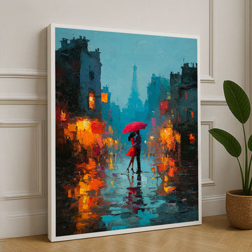 Romantic Parisian Street Scene With Umbrella Canvas Wall Art