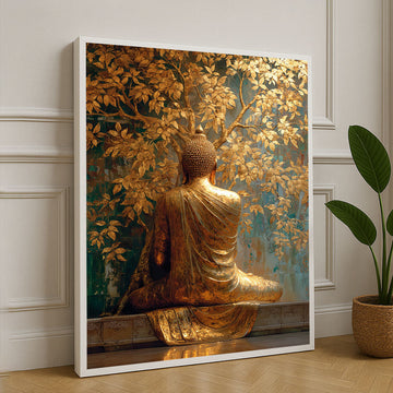 Golden Buddha Under Tree Tranquility Canvas Wall Art