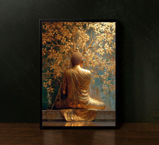 Golden Buddha Under Tree Tranquility Canvas Wall Art