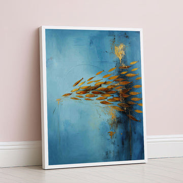 Striking Blue And Gold Abstract Leaf Pattern Canvas Wall Art