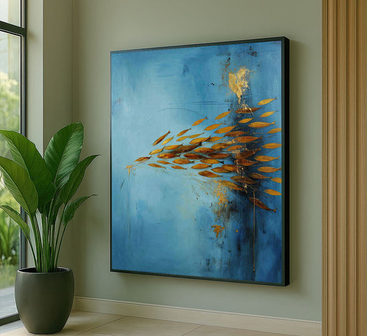 Striking Blue And Gold Abstract Leaf Pattern Canvas Wall Art