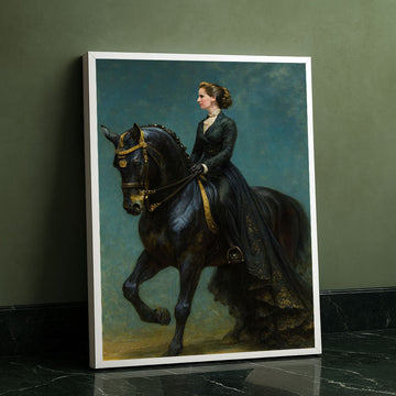 Majestic Woman On Black Horse Portrait Canvas Wall Art