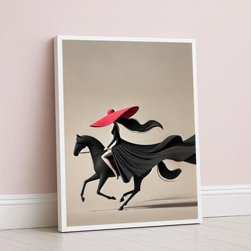 Striking Woman In Red Hat Riding Horse Canvas Wall Art