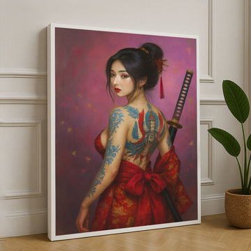 Elegant Samurai Woman With Dragon Tattoo Canvas Wall Art