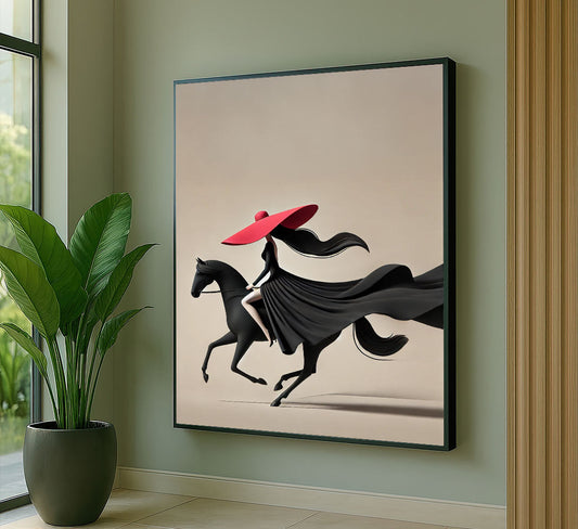 Striking Woman In Red Hat Riding Horse Canvas Wall Art
