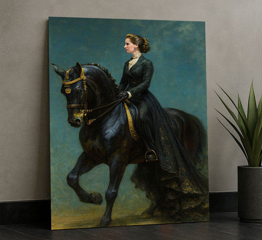 Majestic Woman On Black Horse Portrait Canvas Wall Art