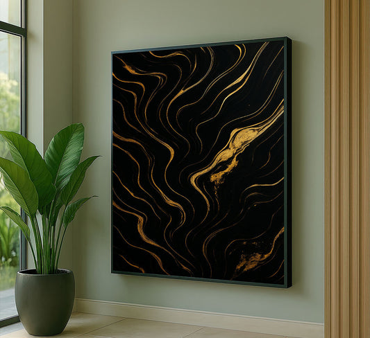 Dramatic Black And Gold Abstract Swirls Canvas Wall Art