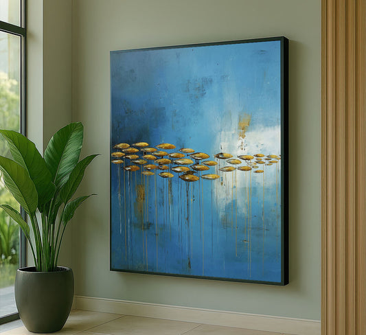 Majestic Blue And Gold Abstract Lotus Canvas Wall Art