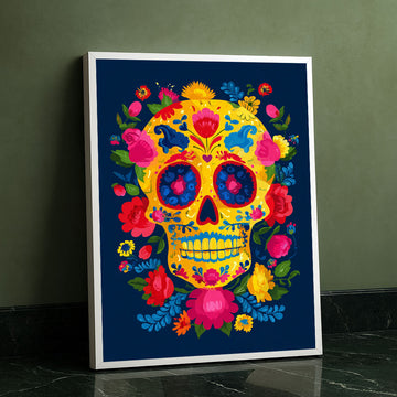 Vibrant Floral Sugar Skull On Navy Background Canvas Wall Art