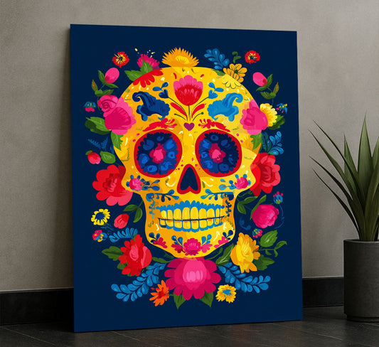 Vibrant Floral Sugar Skull On Navy Background Canvas Wall Art