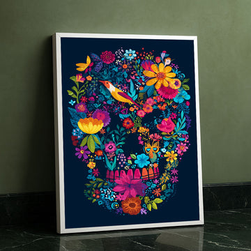 Vibrant Floral Skull With Bird And Butterflies Canvas Wall Art