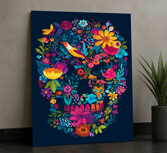 Vibrant Floral Skull With Bird And Butterflies Canvas Wall Art