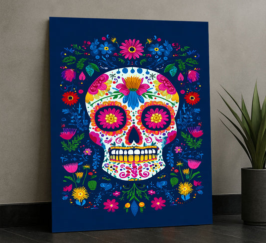 Vibrant Floral Sugar Skull Design Canvas Wall Art