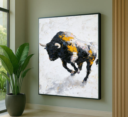 Dynamic Charging Bull In Yellow And Black Canvas Wall Art