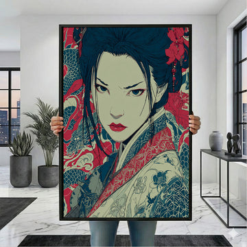 Captivating Samurai Woman With Floral Kimono Canvas Wall Art