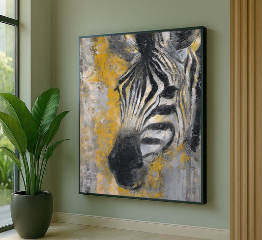 Striking Zebra Portrait With Yellow Background Canvas Wall Art
