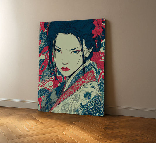 Captivating Samurai Woman With Floral Kimono Canvas Wall Art