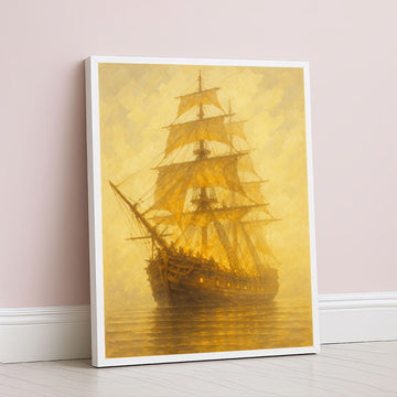 Majestic Golden Sailing Ship At Sunset Canvas Wall Art