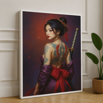 Elegant Samurai Woman With Dragon Tattoo Canvas Wall Art