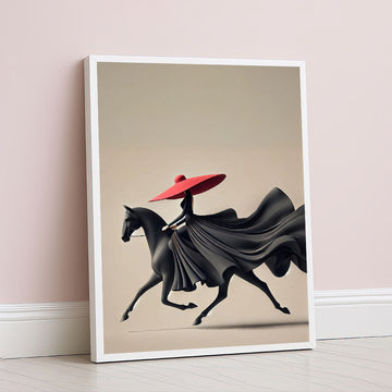 Elegant Woman In Flowing Black Dress On Horse Canvas Wall Art