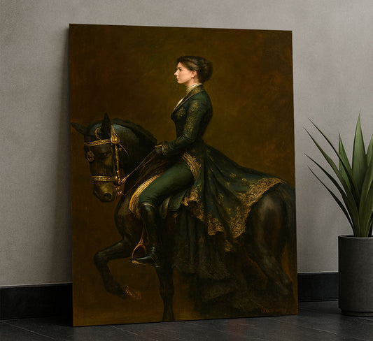 Elegant Woman Riding Black Horse Canvas Wall Art